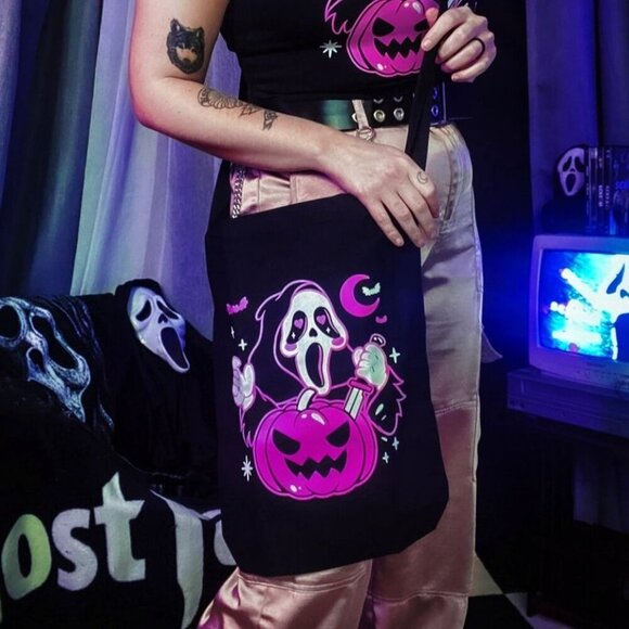 Too Fast Ghostface Pumpkin Tote | Pink Black Sling Canvas Bag Horror Mischief - Picture 1 of 3